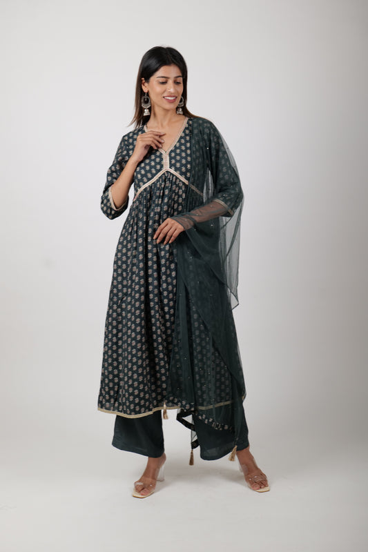 sea weed green Alia cut Kurta , along with pants and Dupatta