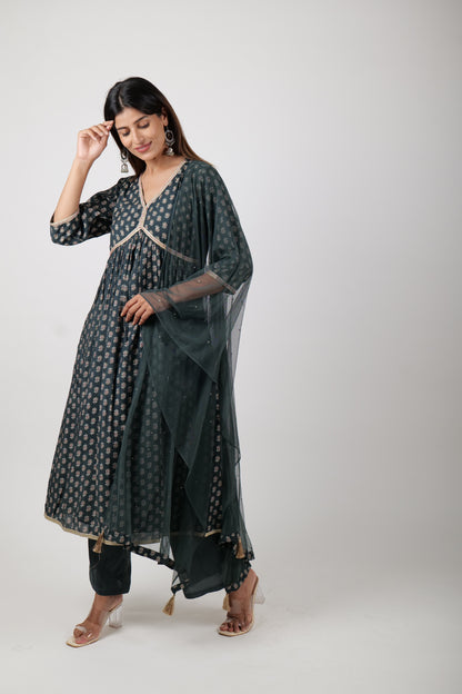 sea weed green Alia cut Kurta , along with pants and Dupatta