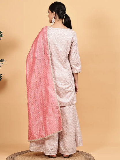 Pastel Pink Jacquard Kurta Sharara Set with Contrast Dupatta