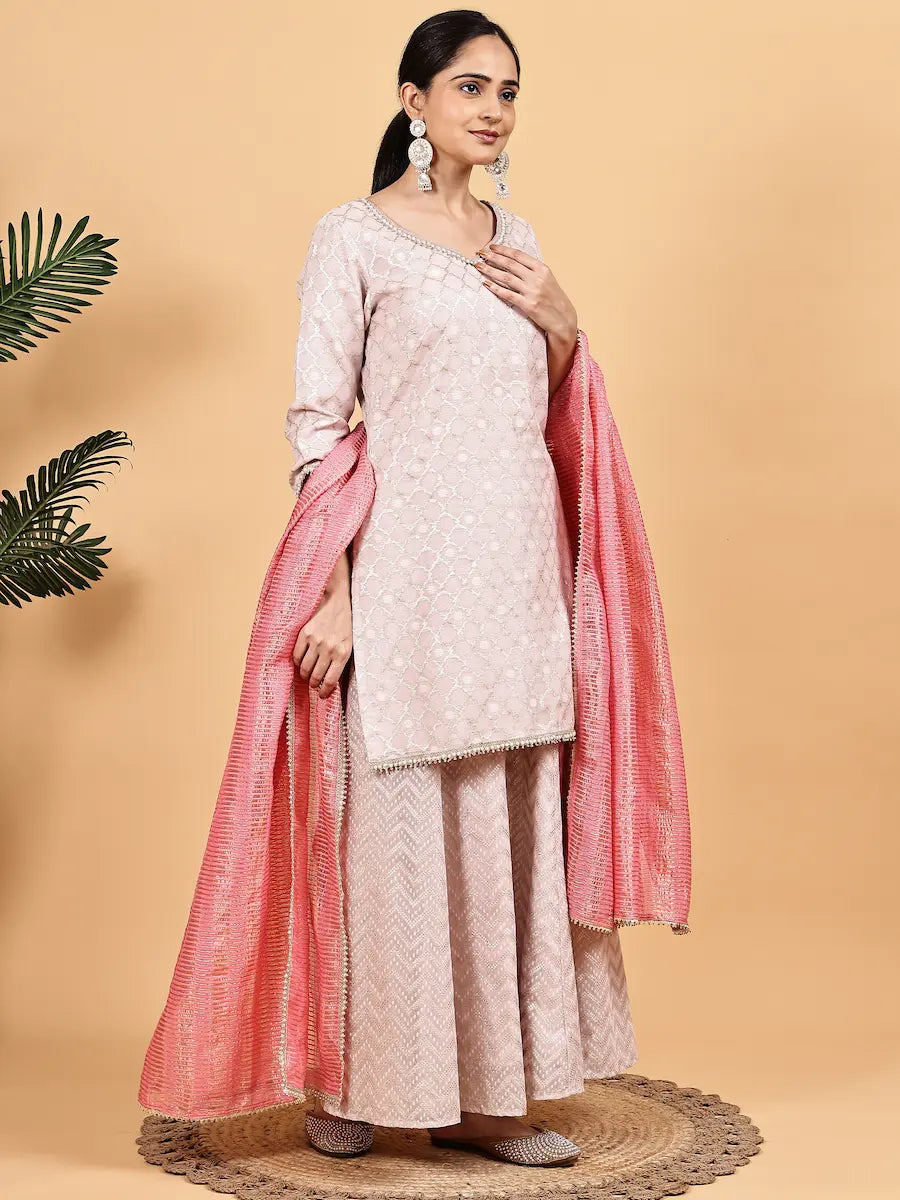 Pastel Pink Jacquard Kurta Sharara Set with Contrast Dupatta