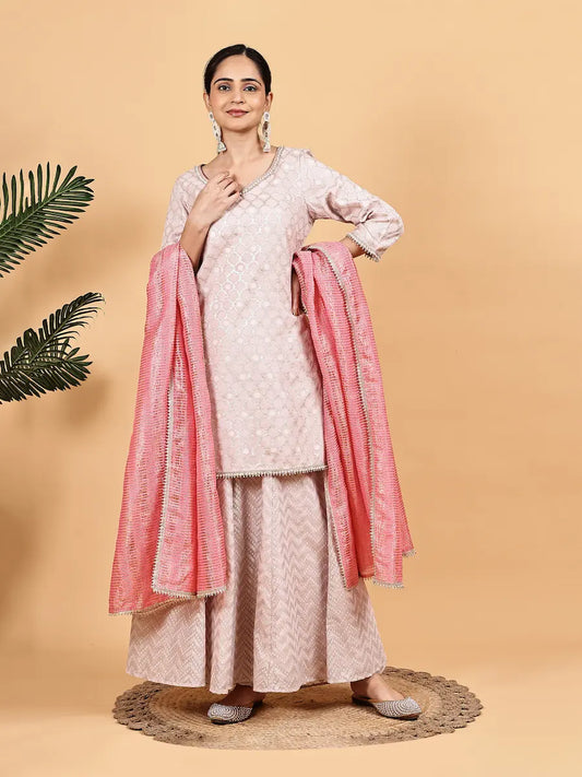 Pastel Pink Jacquard Kurta Sharara Set with Contrast Dupatta
