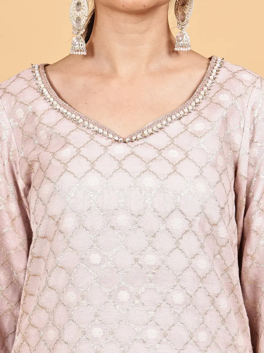 Pastel Pink Jacquard Kurta Sharara Set with Contrast Dupatta
