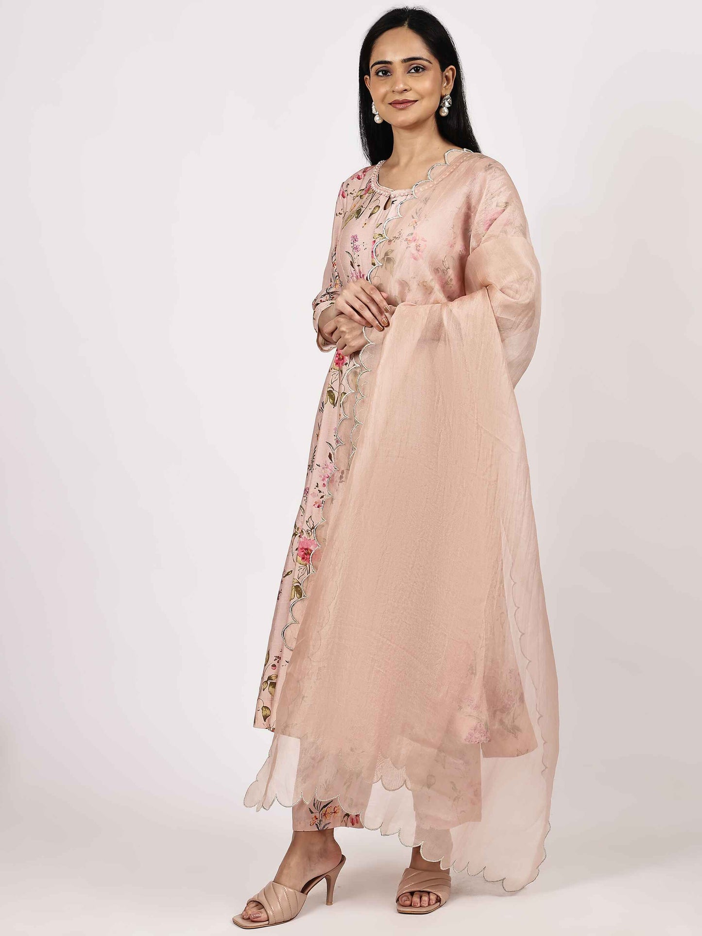 Peach Poly Blend Embroidered Kurta Set with Pink Dupatta