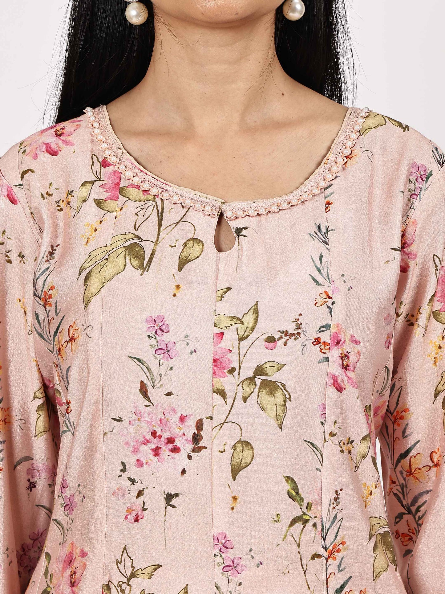 Peach Poly Blend Embroidered Kurta Set with Pink Dupatta
