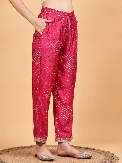 Fuchsia Pink Embroidered Bandhani Kurta Set with Modern Detailing