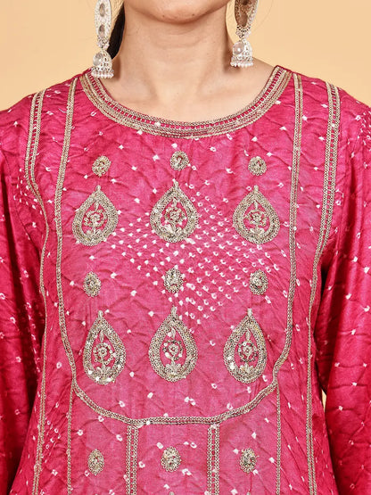 Fuchsia Pink Embroidered Bandhani Kurta Set with Modern Detailing