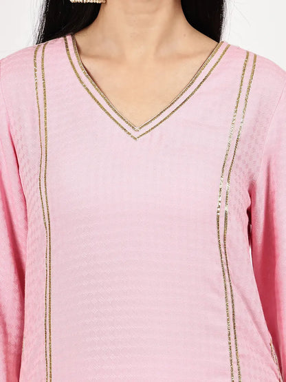 Pink Textured Kurta Set with Floral Dupatta
