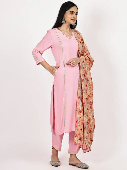 Pink Textured Kurta Set with Floral Dupatta
