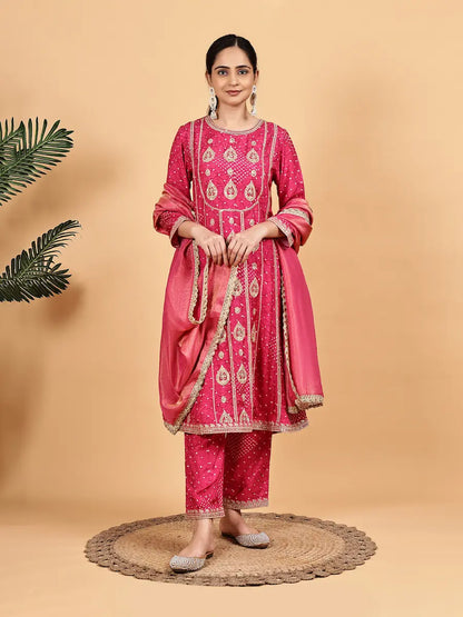 Fuchsia Pink Embroidered Bandhani Kurta Set with Modern Detailing