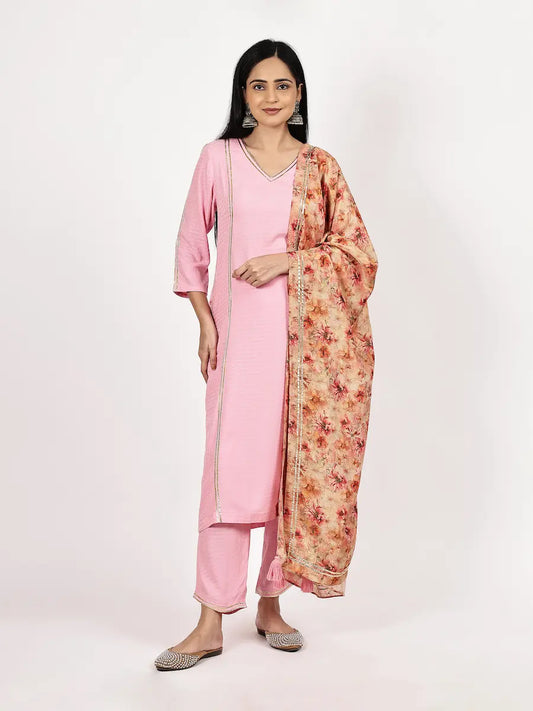 Pink Textured Kurta Set with Floral Dupatta