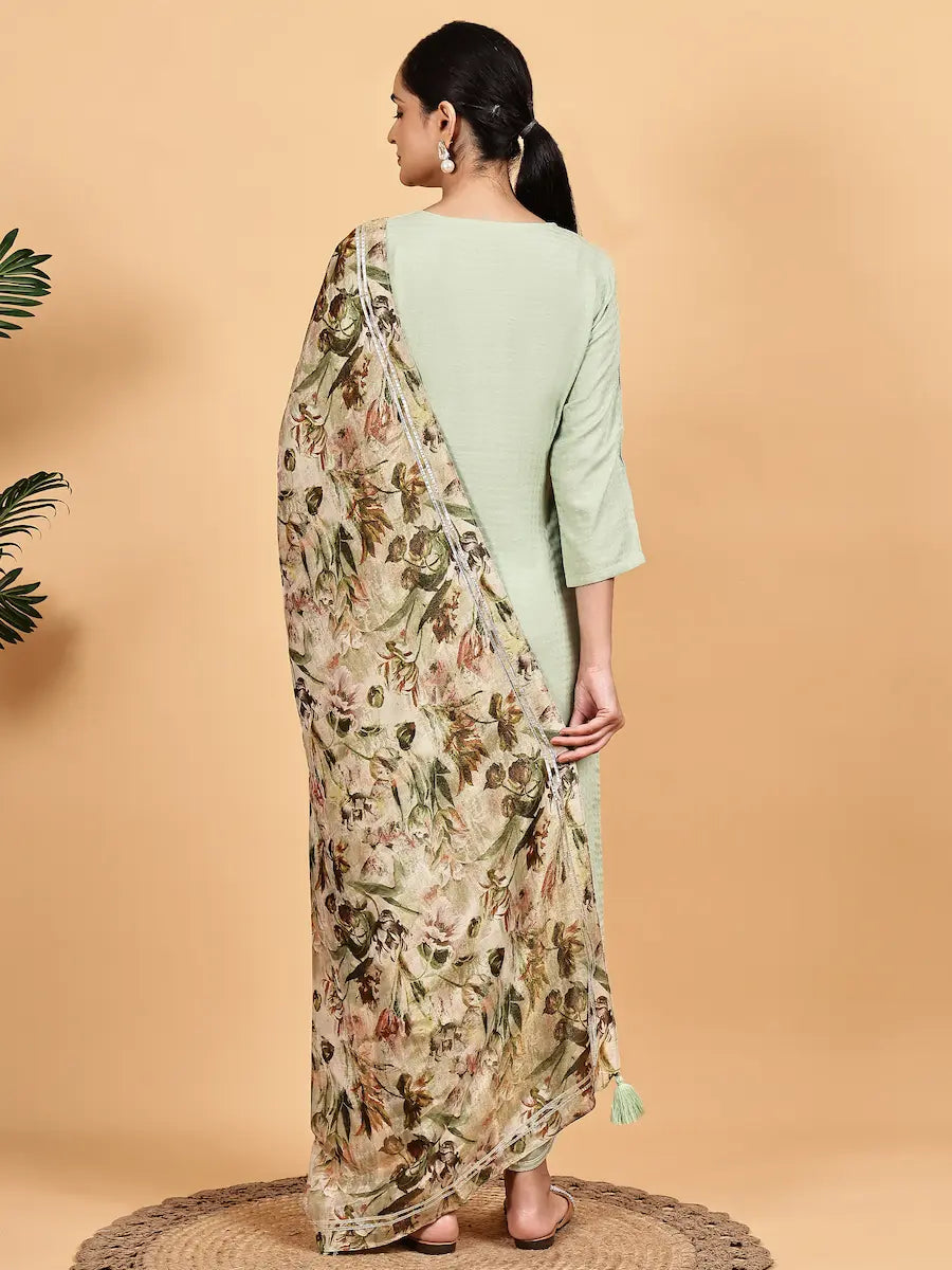 Pista Green Solid Kurta Set with Floral Printed Premium Dupatta