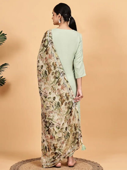 Pista Green Solid Kurta Set with Floral Printed Premium Dupatta