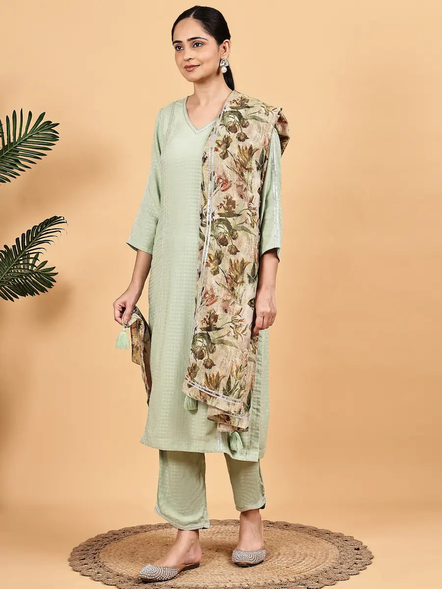 Pista Green Solid Kurta Set with Floral Printed Premium Dupatta