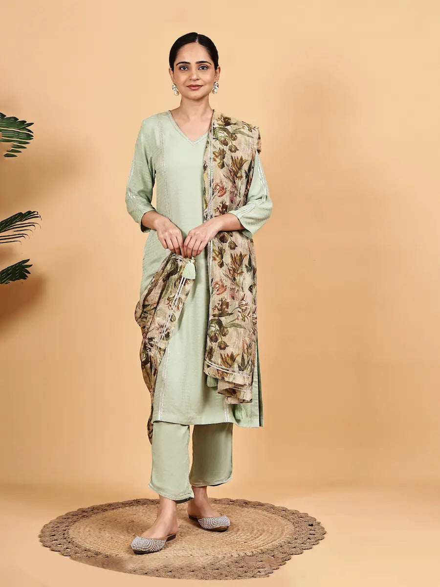 Pista Green Solid Kurta Set with Floral Printed Premium Dupatta