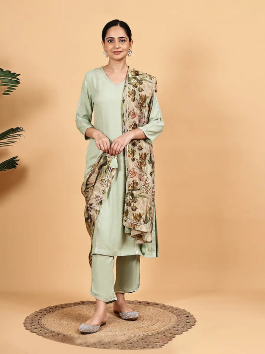 Pista Green Solid Kurta Set with Floral Printed Premium Dupatta