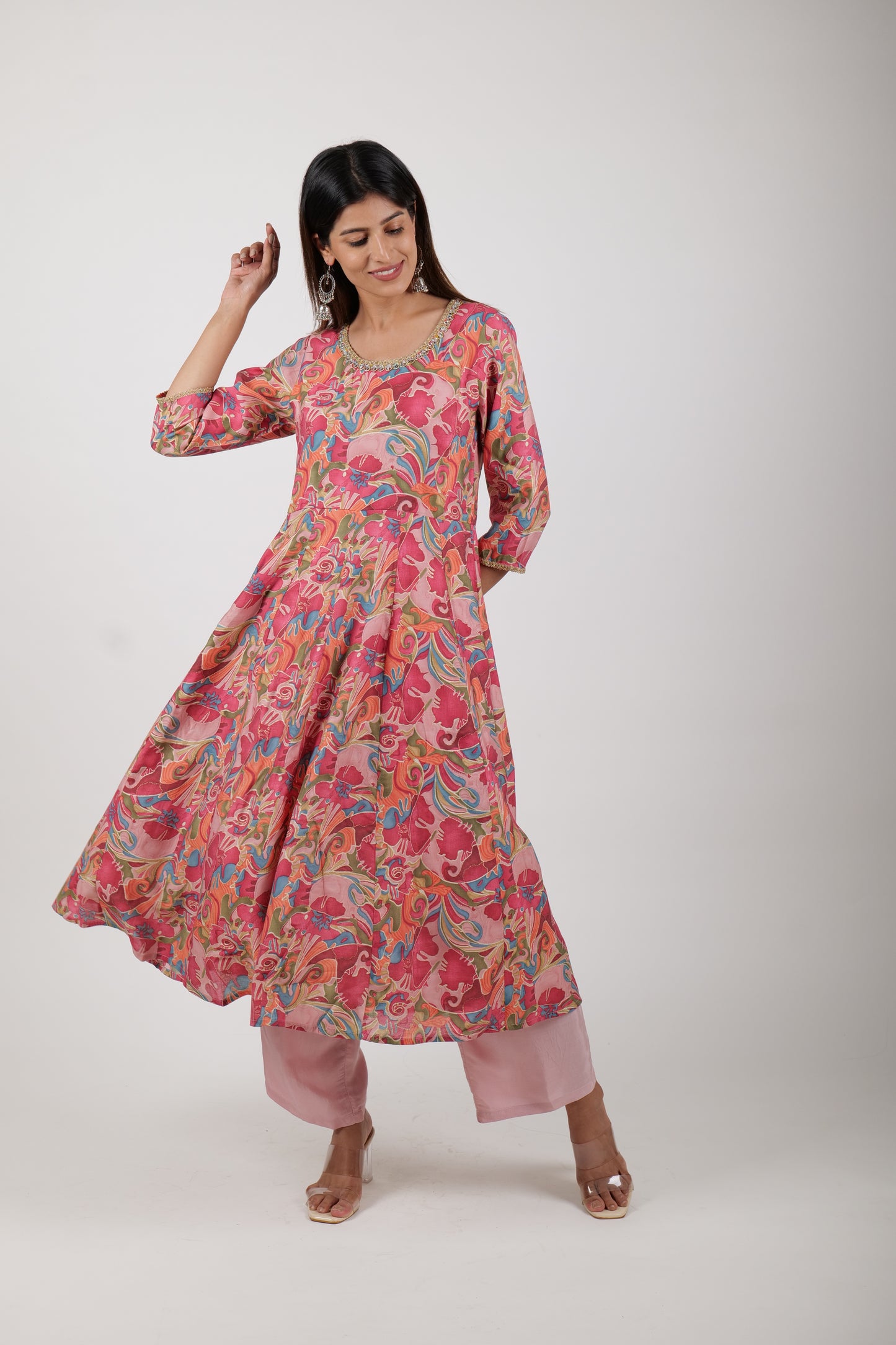 Pale red Printed Dress Along with Pants and Dupatta