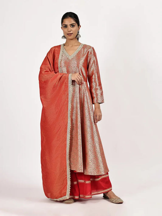 Red Jacquard Kurta Set with Sharara