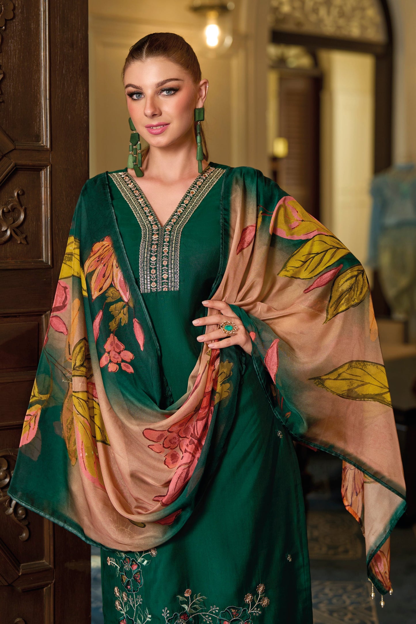 Dark Green straight embroidered Kurta along with Pants and printed organza dupatta