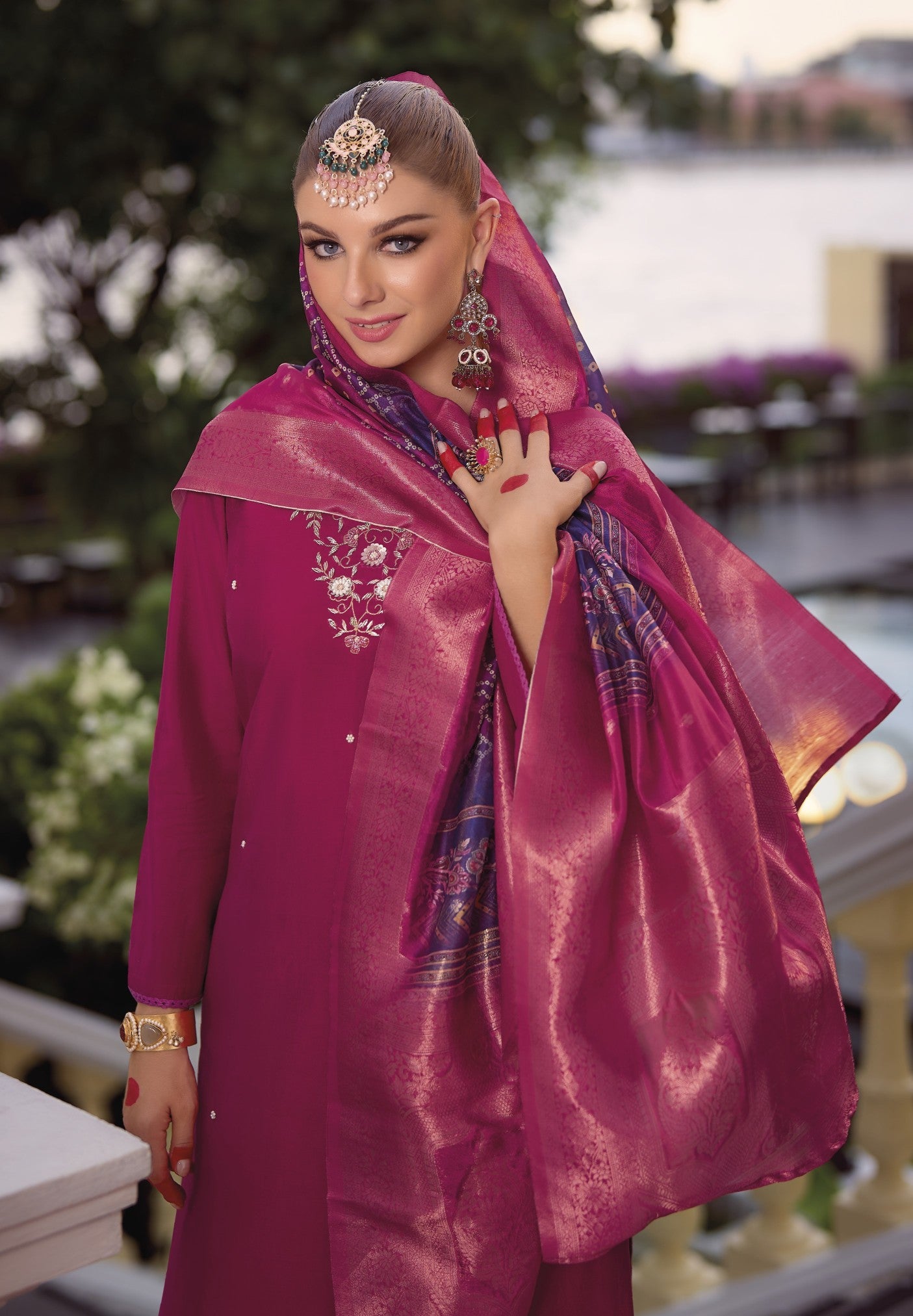 Ruby Pink straight embroidered Kurta along with Pants and jacquard dupatta