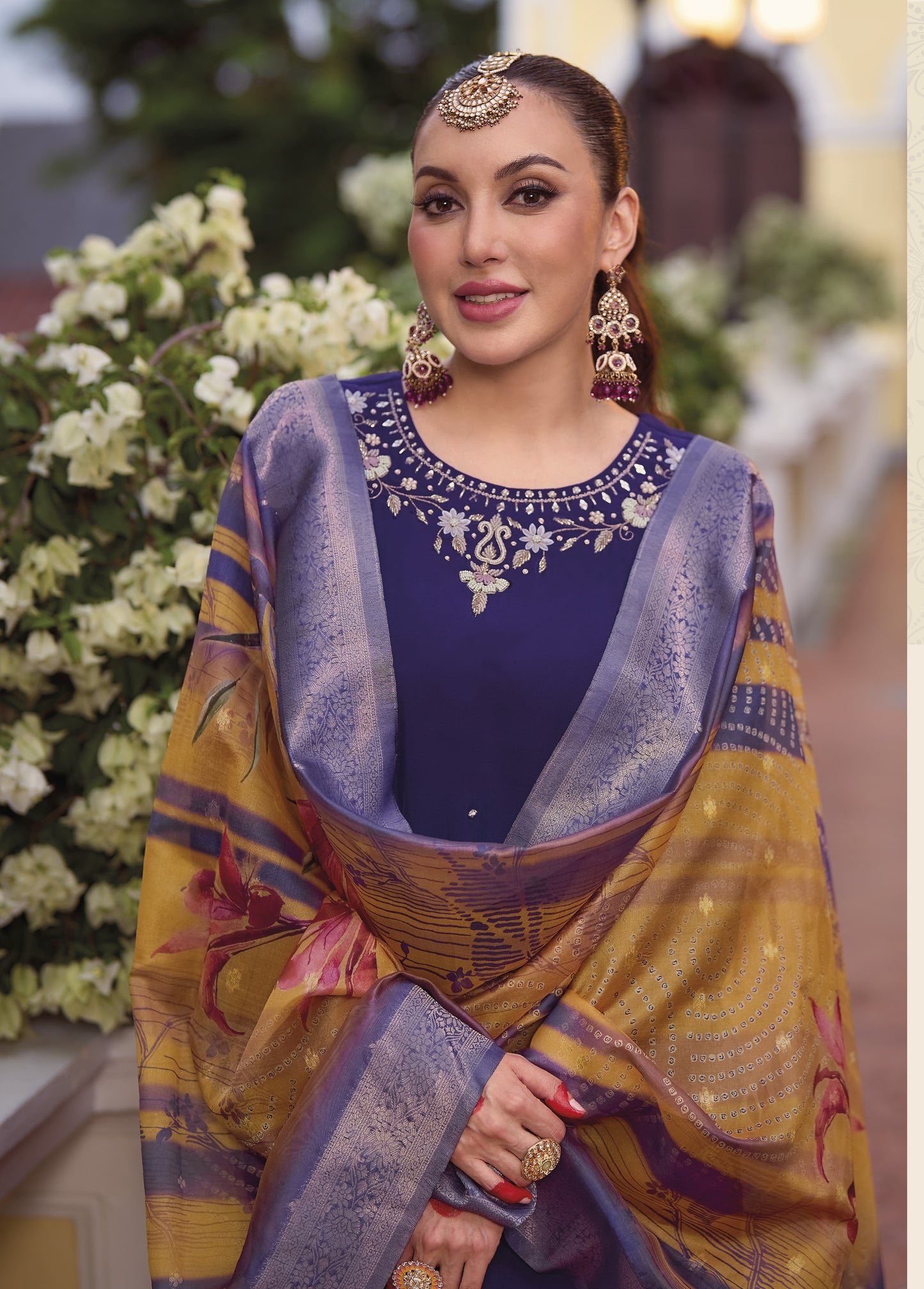 Purple straight embroidered Kurta along with Pants and jacquard dupatta