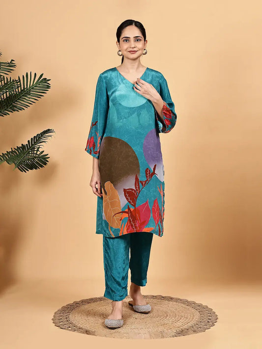 Sea Green Teal Abstract Co-Ord Set for Women House Of Paral