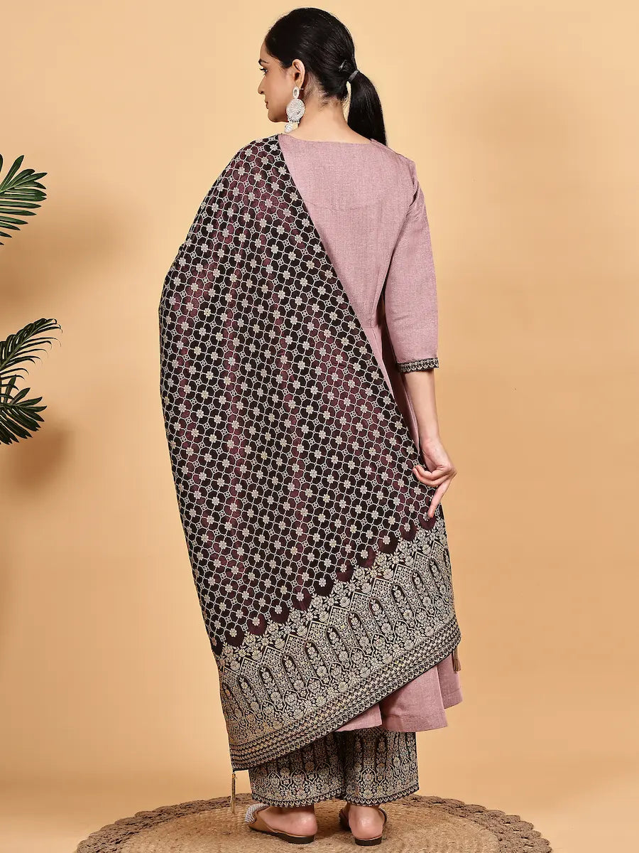 Mauve Silk Blend Kurta Set with Woven Jacquard Pants & Dupatta