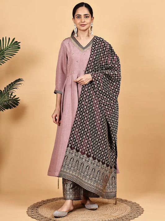 Mauve Silk Blend Kurta Set with Woven Jacquard Pants & Dupatta