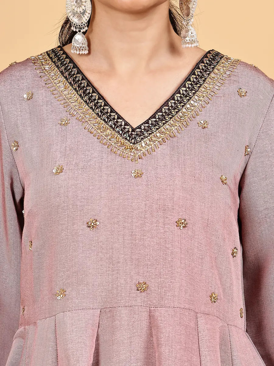 Mauve Silk Blend Kurta Set with Woven Jacquard Pants & Dupatta