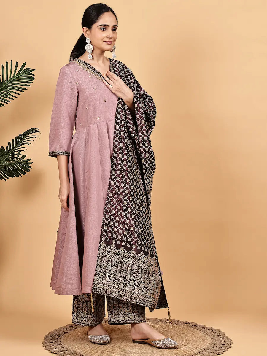 Mauve Silk Blend Kurta Set with Woven Jacquard Pants & Dupatta