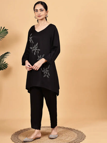 Solid Black Co-Ord Set with Embroidery- Elegant Look