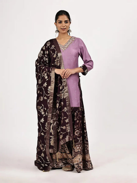 Stylish Lilac Jacquard Kurta Set with Flared Bottom & Matching Dupatta