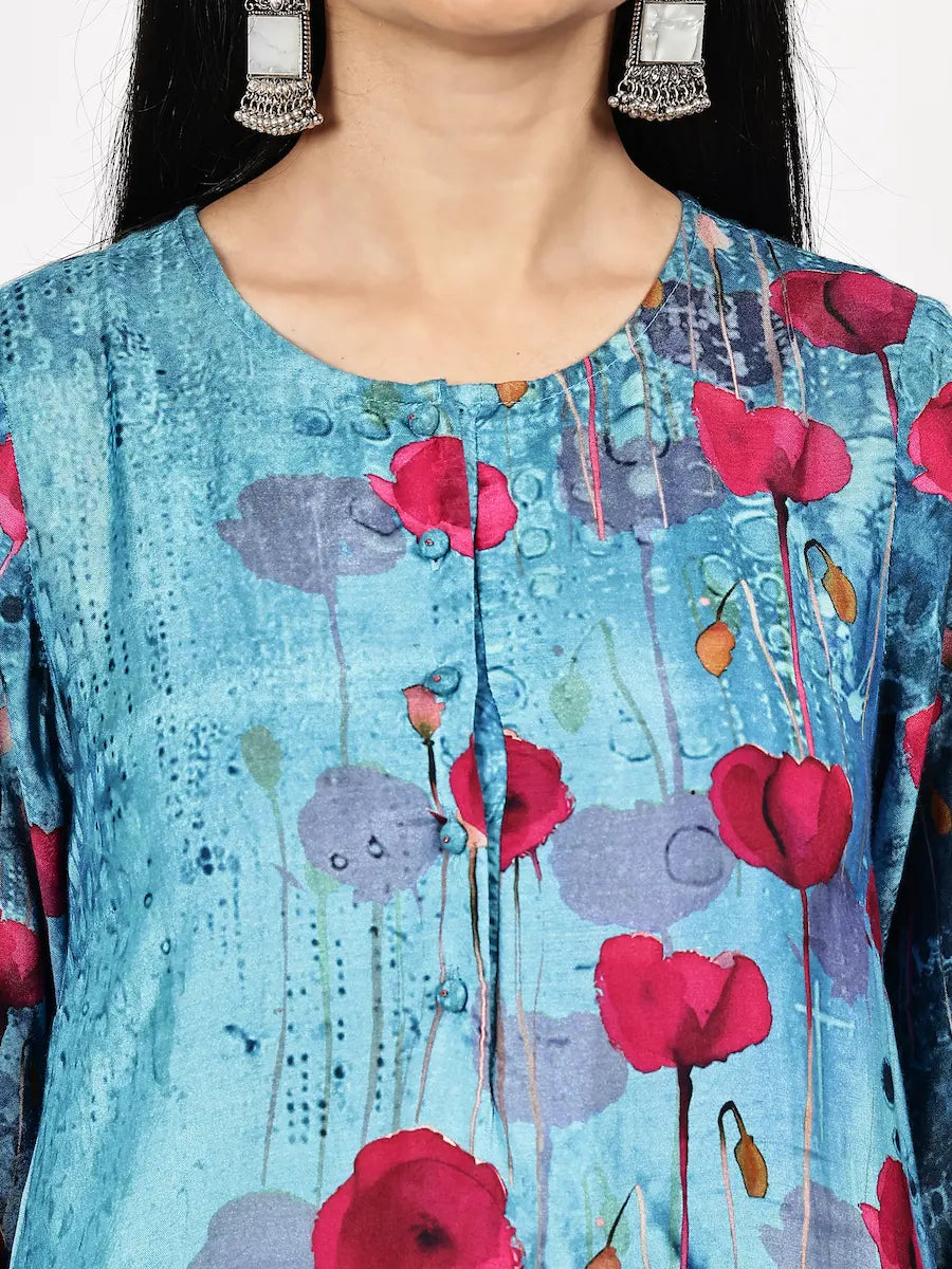 Turquoise Floral Printed Kurta Set with Dupatta