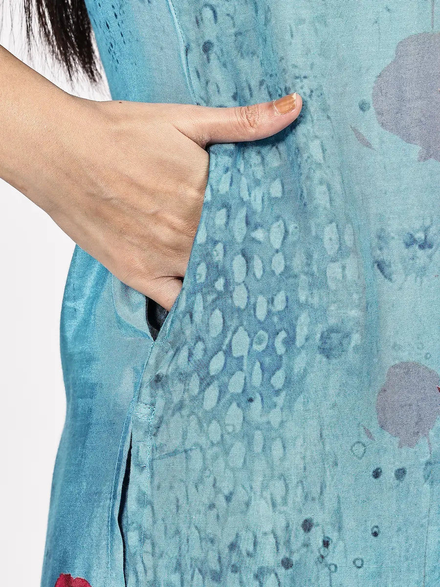 Turquoise Floral Printed Kurta Set with Dupatta