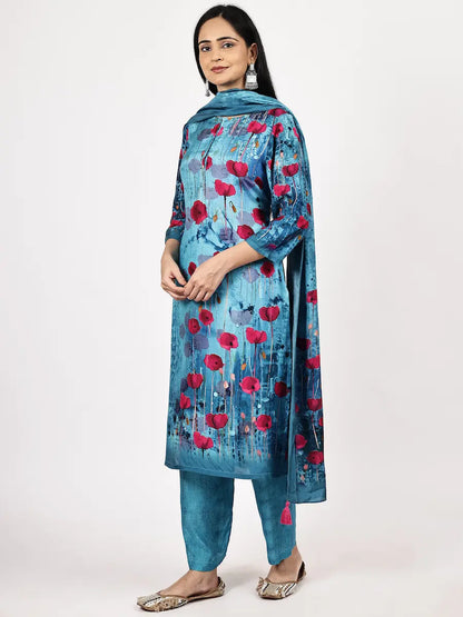 Turquoise Floral Printed Kurta Set with Dupatta