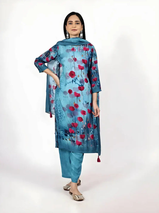 Turquoise Floral Printed Kurta Set with Dupatta