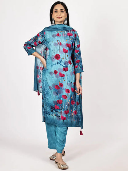 Turquoise Floral Printed Kurta Set with Dupatta