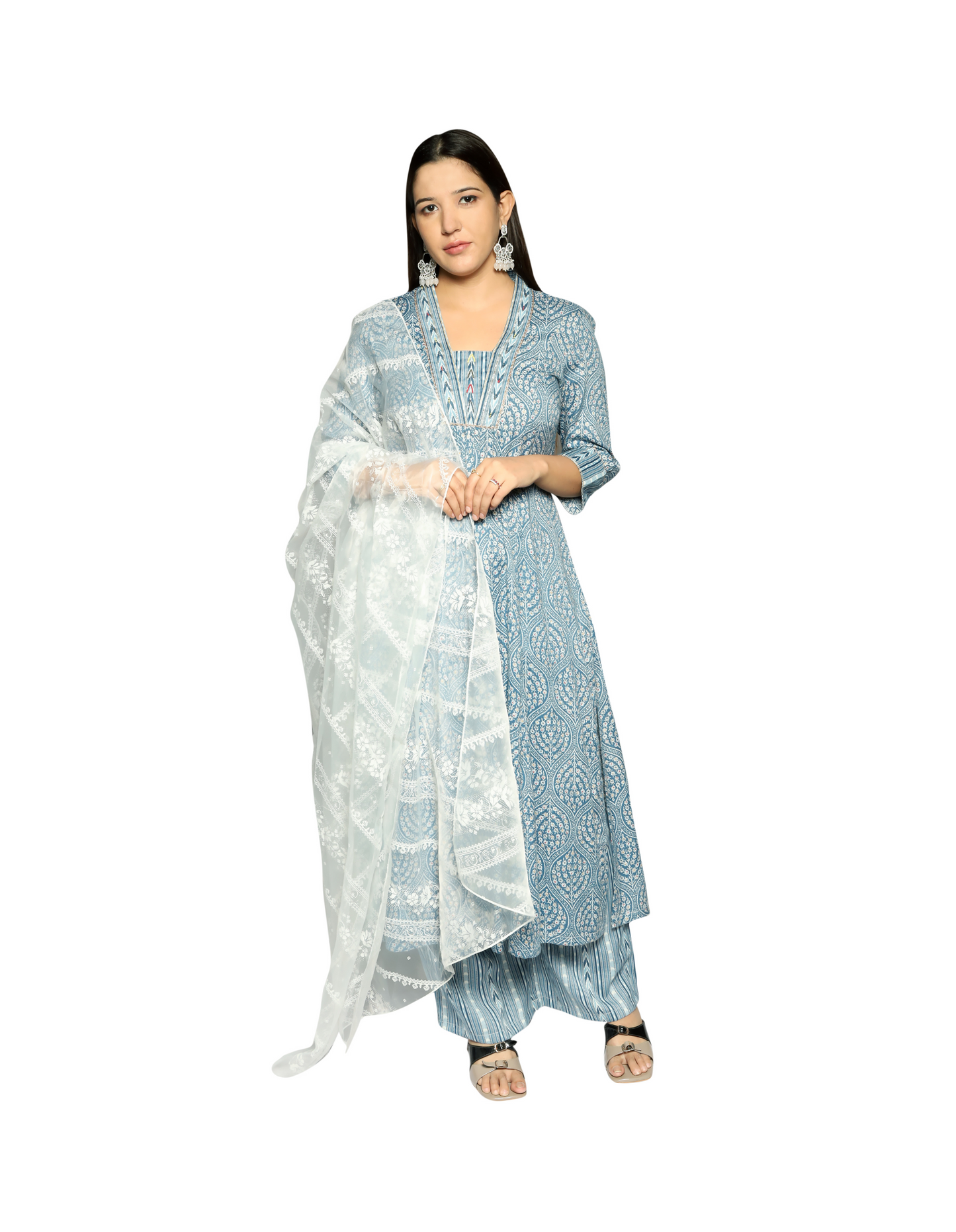 Cream Blue printed Kurta  along with Pants and Glass Nylon Dupatta