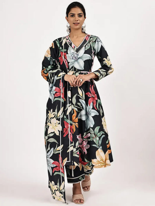 V-Neck Flared Kurta set with Vibrant Floral Print