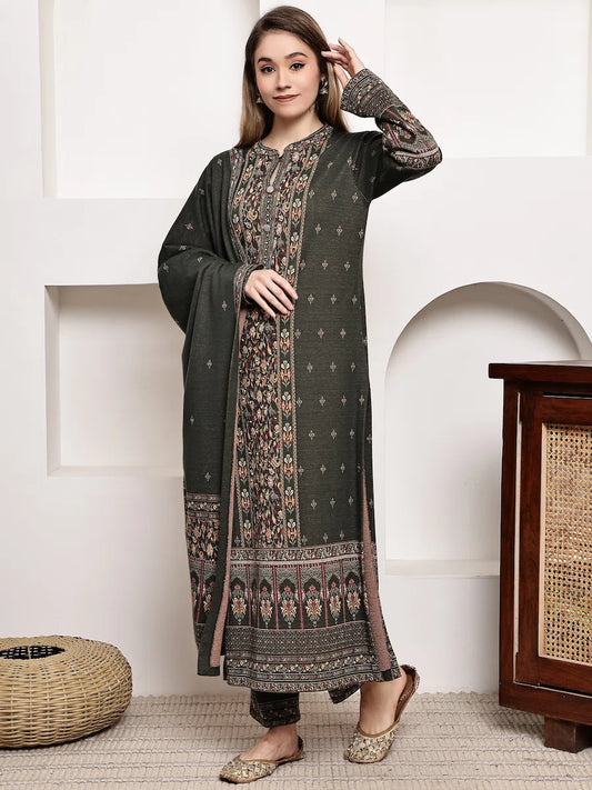 Elegant Dark Olive Green Acrylic Jacquard Kurta Set with Full Sleeves and Intricate Dupatta