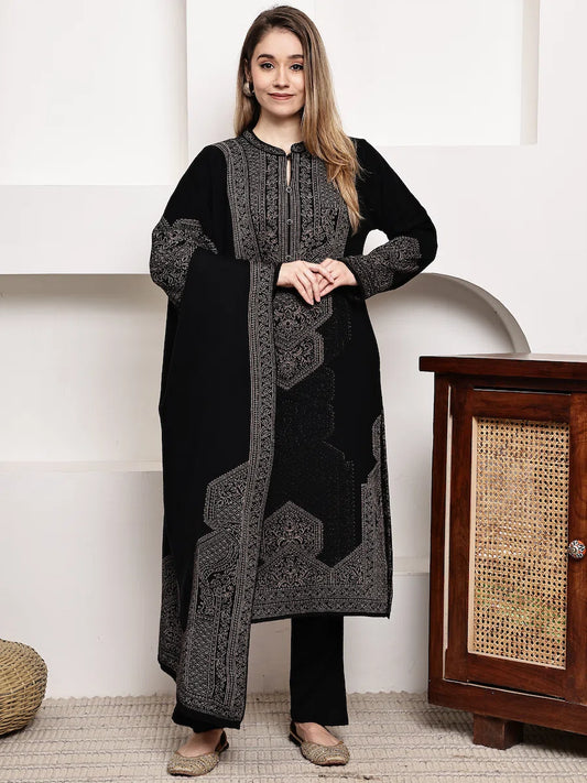 Classic Black Acrylic Jacquard Kurta Set with Full Sleeves and Dupatta