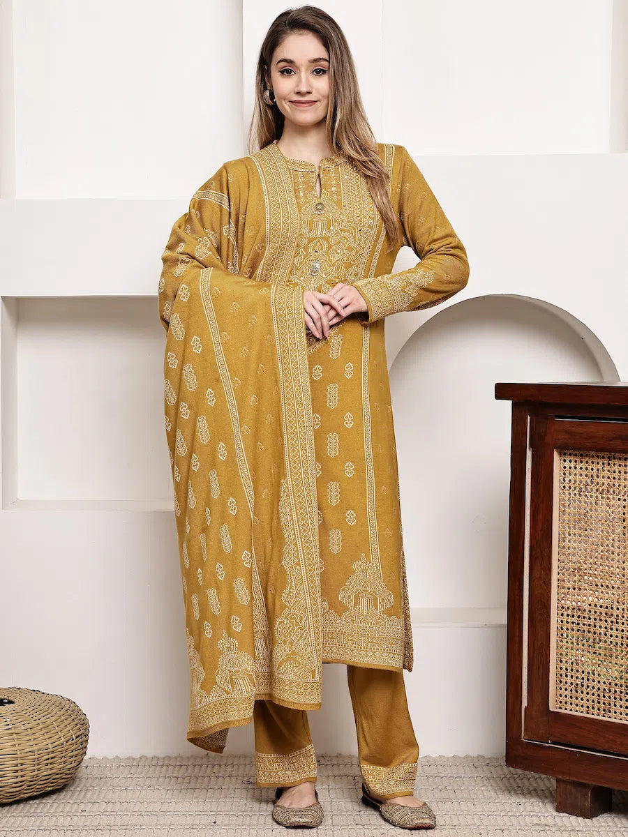 bold-mustard-yellow-jacquard-kurta-set-with-floral-dupatta