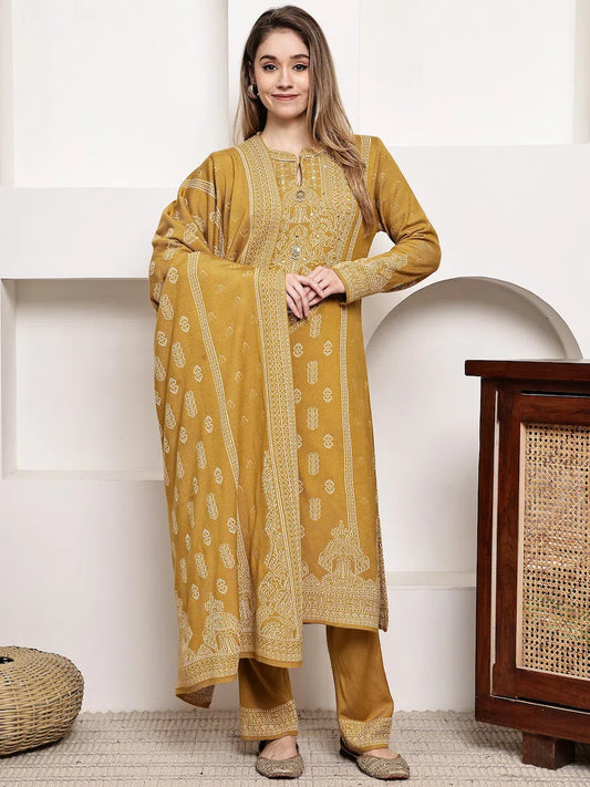 Bold Mustard Yellow Jacquard Kurta Set with Floral Dupatta