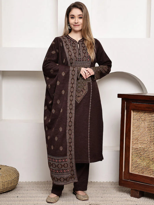 Warm Acrylic Jacquard Winter Kurta Set with Dupatta