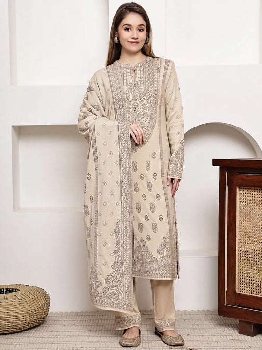 Elegant Beige Acrylic Jacquard Kurta Set with Intricate Detailing