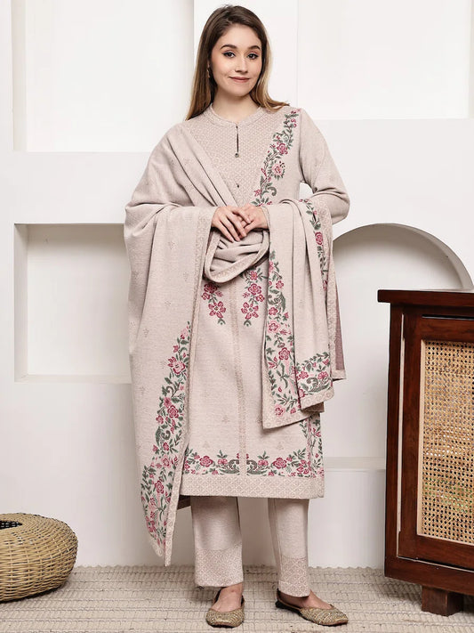 Elegant Light Beige Jacquard Kurta Set with Premium Matching Dupatta
