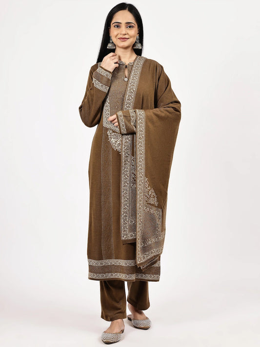 Coffee Brown Jacquard Kurta Set with Full Sleeves and Dupatta