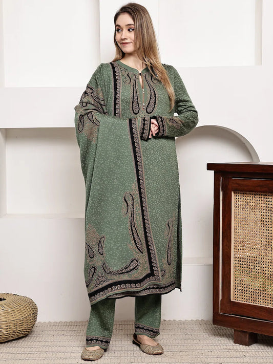 Sage Green Acrylic Winter Kurta Set with Intricate Paisley Motifs and Matching Dupatta