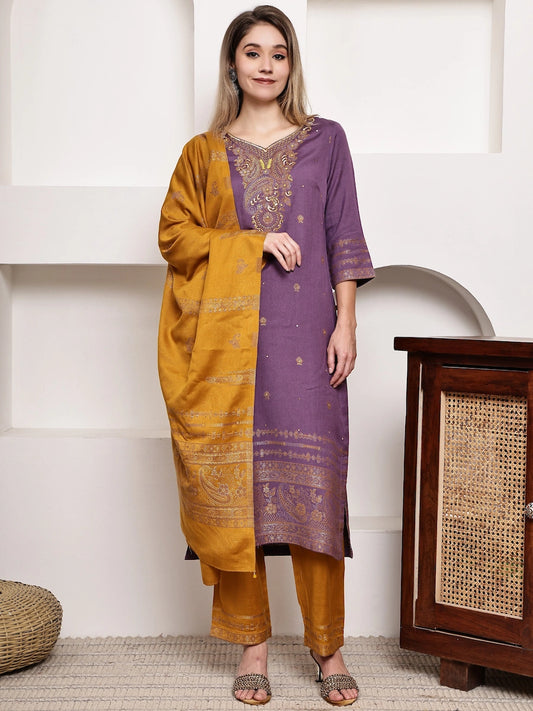 Purple Embroidered Kurta Set with Mustard Dupatta