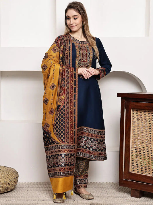 Navy Blue Jacquard Kurta Set with Mustard Dupatta
