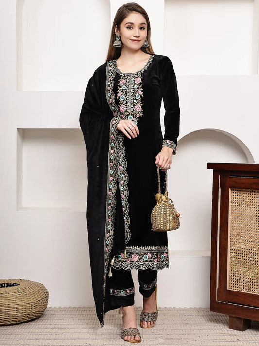Elegant Black Velvet Embroidered Kurta Set with Dupatta